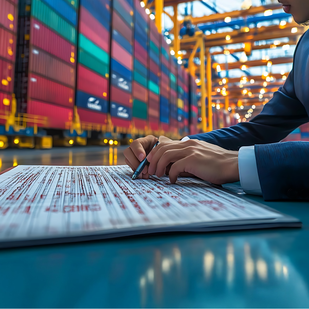 Business professional reviewing and signing shipping documents at a container terminal, highlighting the importance of contract precision and detailed documentation in international trade agreements